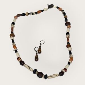 African Style Wood Bone Shell Bead Necklace & Tiger Eye Earrings Set Handmade